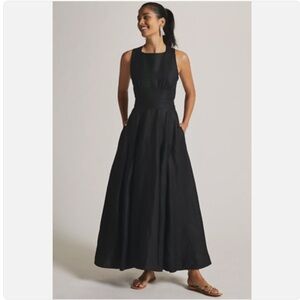 Anthropologie Black Linen Aureta Pleated Skirt w/ Open Back Maxi Dress Large